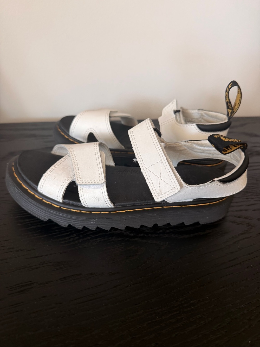 Dr. Martens White and Black Kids Hook-and-Loop Leather Sandals